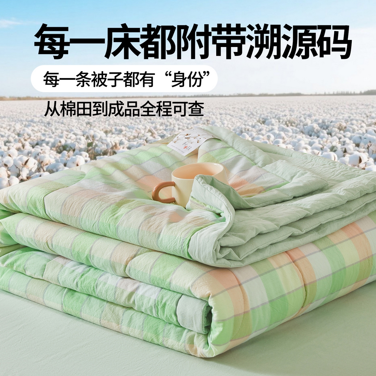 西域种棉人·千百笠 2026新款A类里外全棉夏凉被100%新疆棉纯棉全棉填充无印格子款空调被夏被 里外全棉-绿橙格