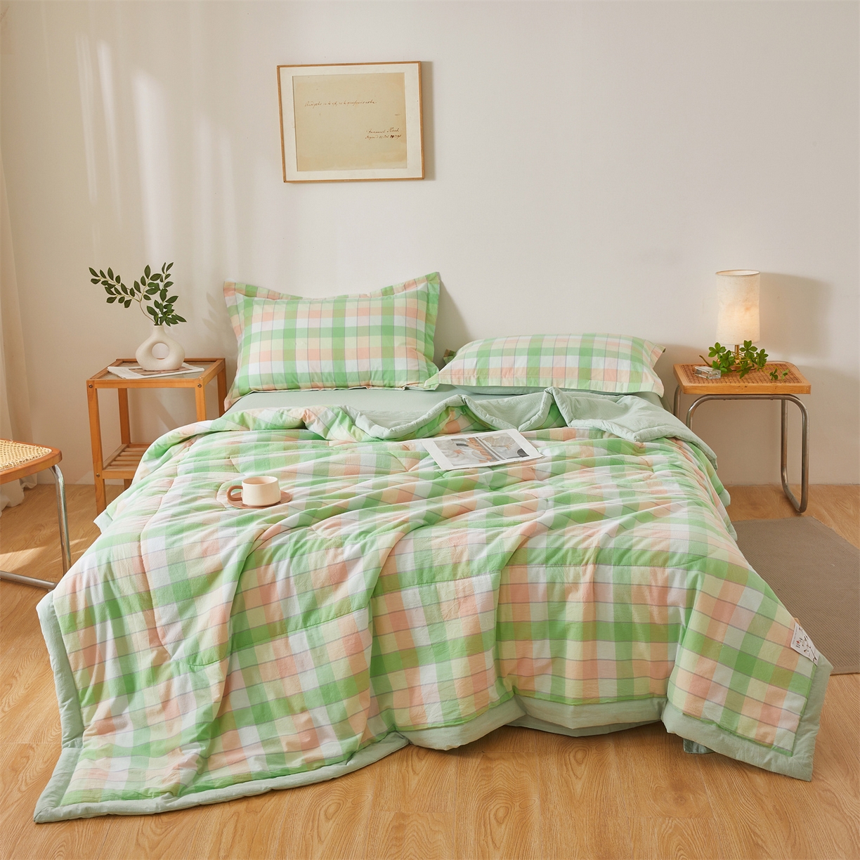 91家纺网 家纺一手货源 找家纺 西域种棉人·千百笠 2026新款A类里外全棉夏凉被100%新疆棉纯棉全棉填充无印格子款空调被夏被 里外全棉-绿橙格