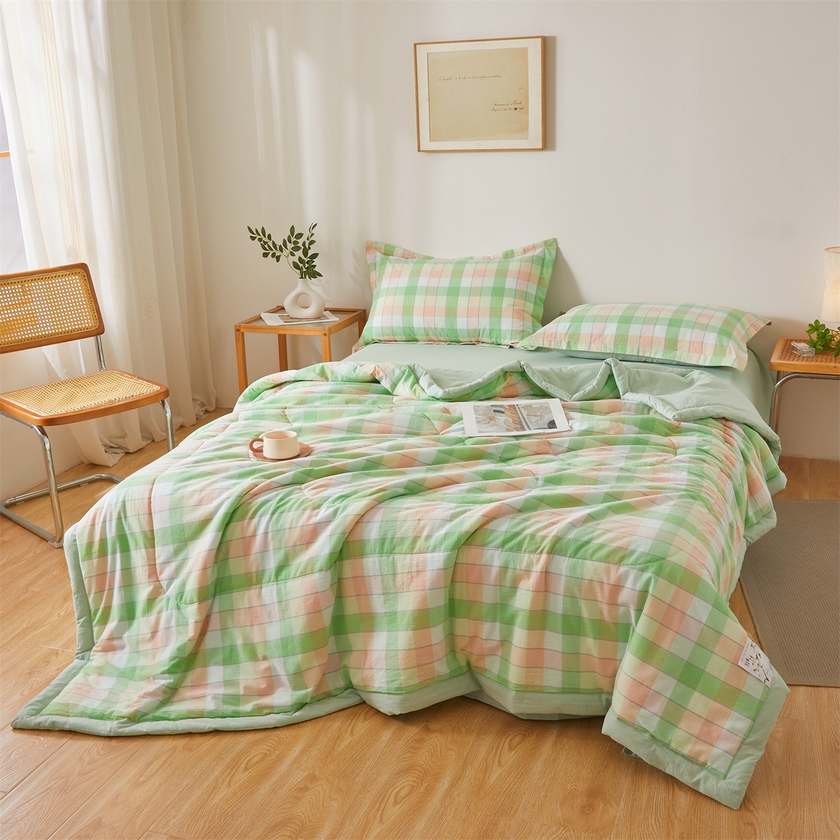 91家纺网 家纺一手货源 找家纺 西域种棉人·千百笠 2026新款A类里外全棉夏凉被100%新疆棉纯棉全棉填充无印格子款空调被夏被 里外全棉-绿橙格