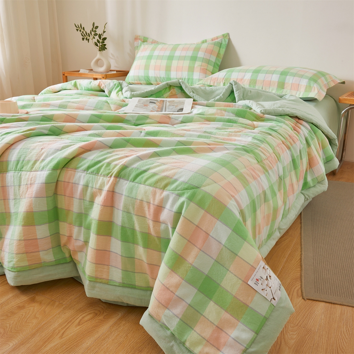 91家纺网 家纺一手货源 找家纺 西域种棉人·千百笠 2026新款A类里外全棉夏凉被100%新疆棉纯棉全棉填充无印格子款空调被夏被 里外全棉-绿橙格