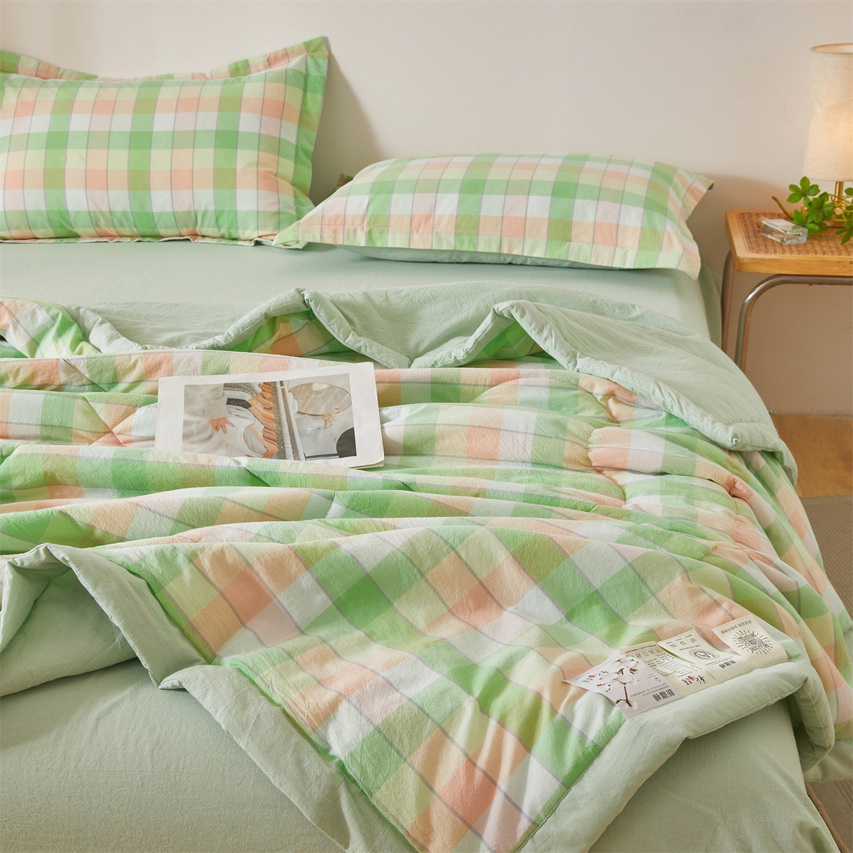 91家纺网 家纺一手货源 找家纺 西域种棉人·千百笠 2026新款A类里外全棉夏凉被100%新疆棉纯棉全棉填充无印格子款空调被夏被 里外全棉-绿橙格