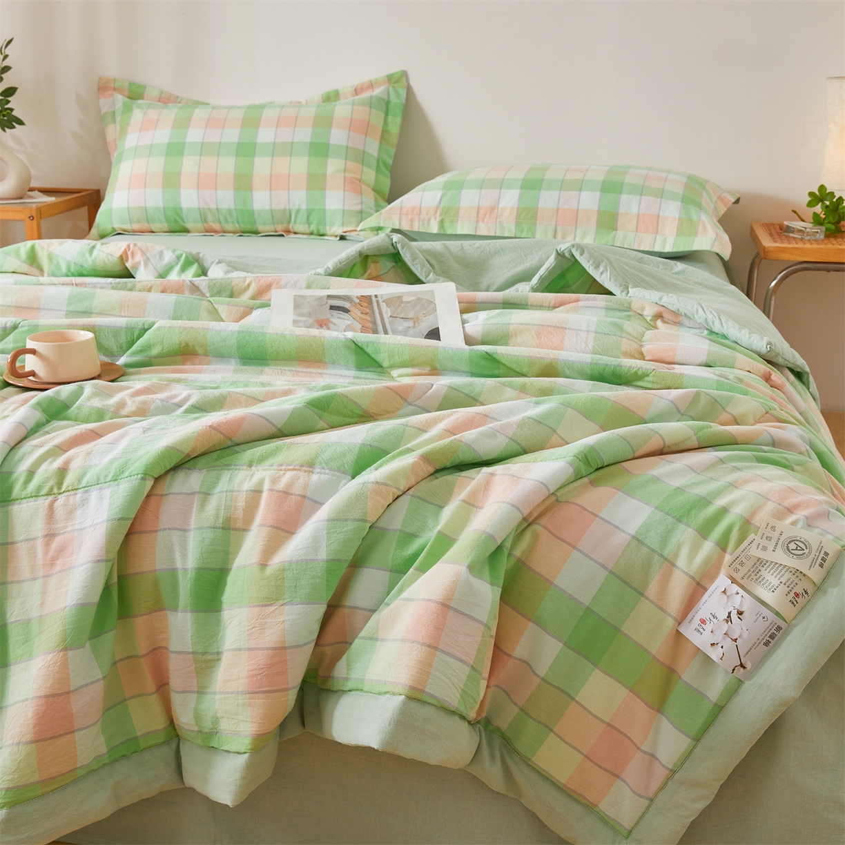 91家纺网 家纺一手货源 找家纺 西域种棉人·千百笠 2026新款A类里外全棉夏凉被100%新疆棉纯棉全棉填充无印格子款空调被夏被 里外全棉-绿橙格