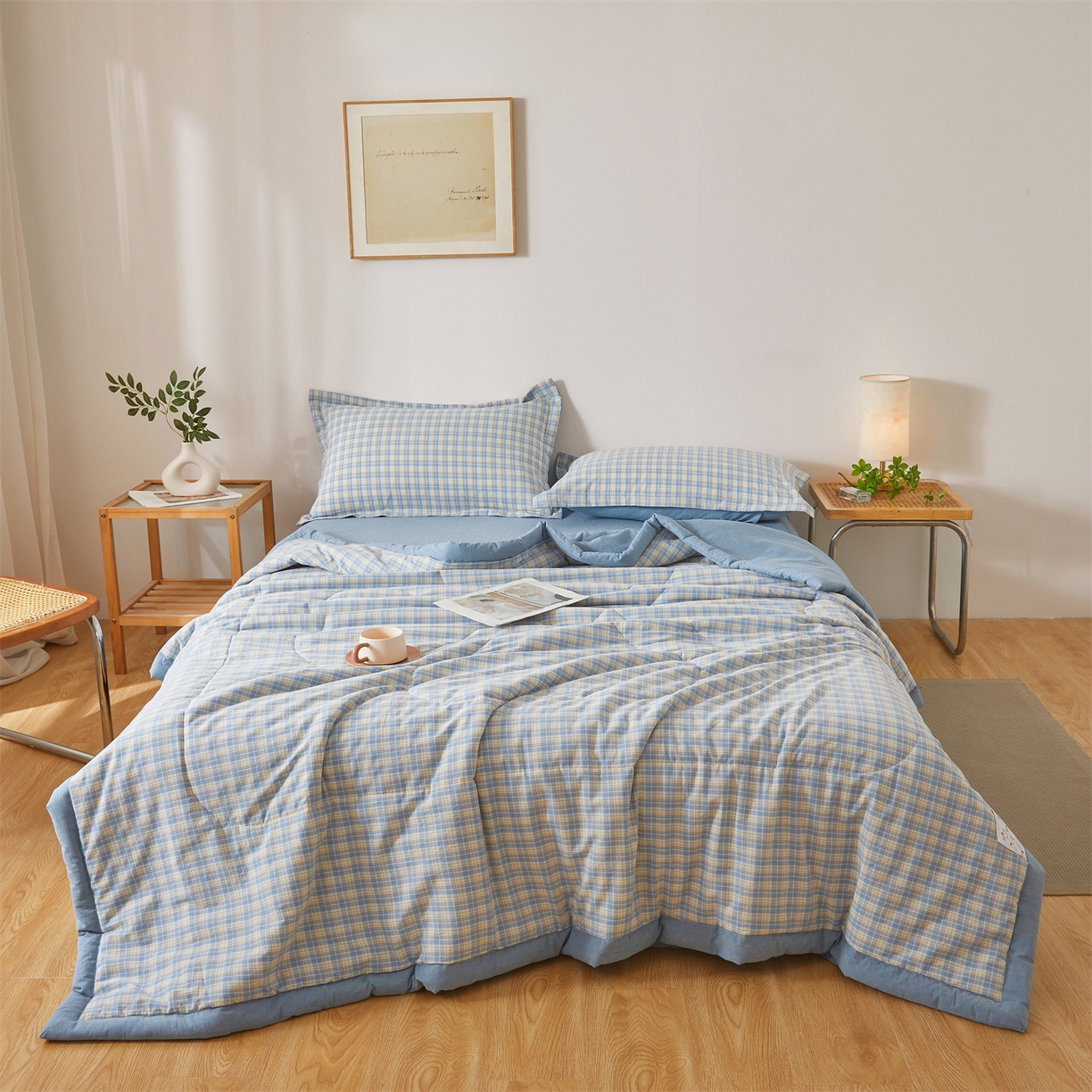 91家纺网 家纺一手货源 找家纺 西域种棉人·千百笠 2026新款A类里外全棉夏凉被100%新疆棉纯棉全棉填充无印格子款空调被夏被 里外全棉-麦田 蓝格