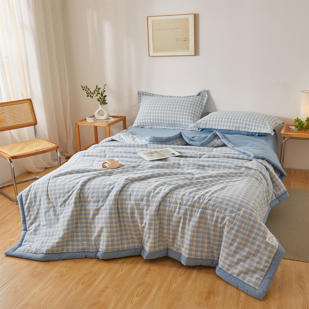 91家纺网 家纺一手货源 找家纺 西域种棉人·千百笠 2026新款A类里外全棉夏凉被100%新疆棉纯棉全棉填充无印格子款空调被夏被 里外全棉-麦田 蓝格