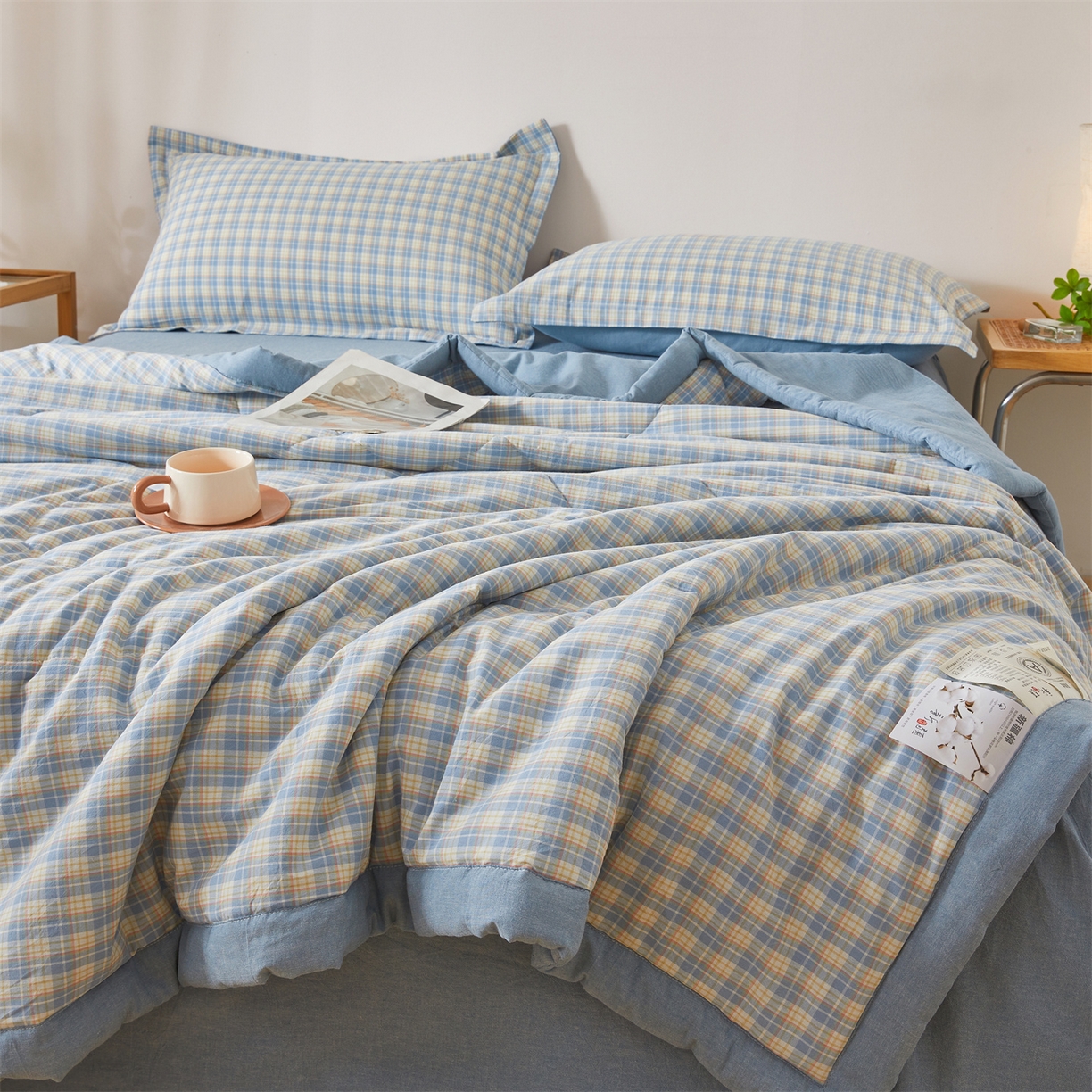 91家纺网 家纺一手货源 找家纺 西域种棉人·千百笠 2026新款A类里外全棉夏凉被100%新疆棉纯棉全棉填充无印格子款空调被夏被 里外全棉-麦田 蓝格