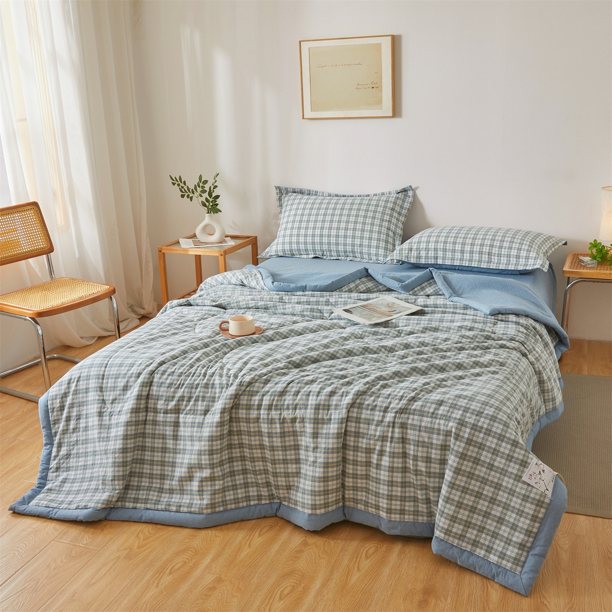 91家纺网 家纺一手货源 找家纺 西域种棉人·千百笠 2026新款A类里外全棉夏凉被100%新疆棉纯棉全棉填充无印格子款空调被夏被 里外全棉-森屿 蓝格