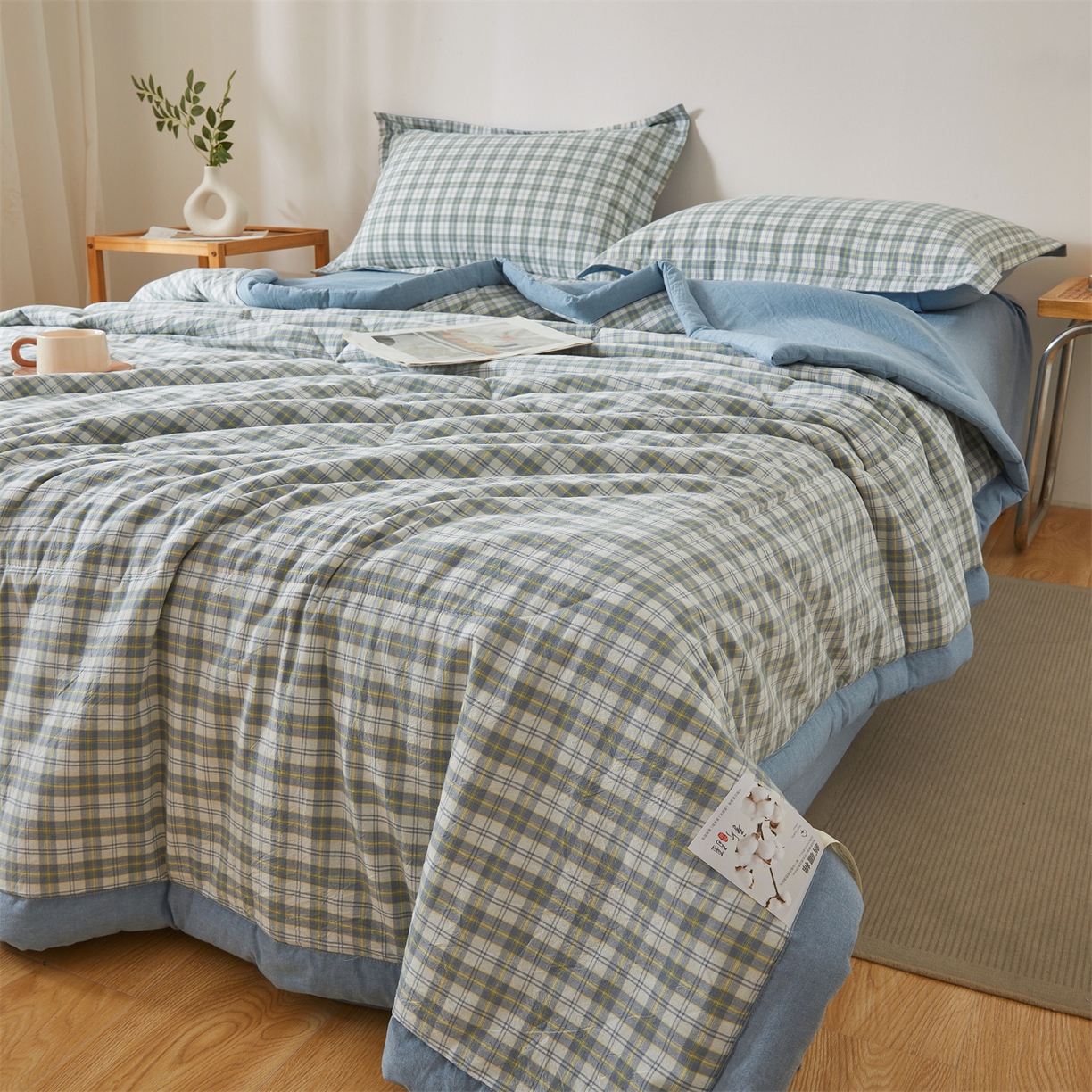 91家纺网 家纺一手货源 找家纺 西域种棉人·千百笠 2026新款A类里外全棉夏凉被100%新疆棉纯棉全棉填充无印格子款空调被夏被 里外全棉-森屿 蓝格