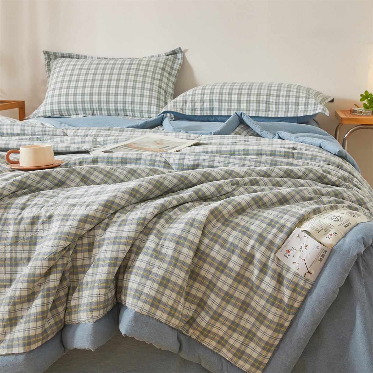 91家纺网 家纺一手货源 找家纺 西域种棉人·千百笠 2026新款A类里外全棉夏凉被100%新疆棉纯棉全棉填充无印格子款空调被夏被 里外全棉-森屿 蓝格