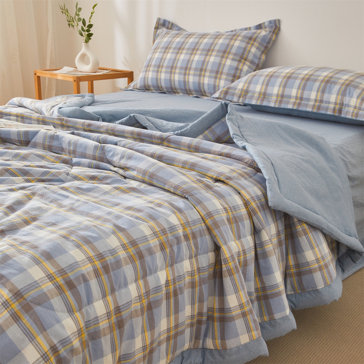 91家纺网 家纺一手货源 找家纺 西域种棉人·千百笠 2026新款A类里外全棉夏凉被100%新疆棉纯棉全棉填充无印格子款空调被夏被 里外全棉-印象 蓝格