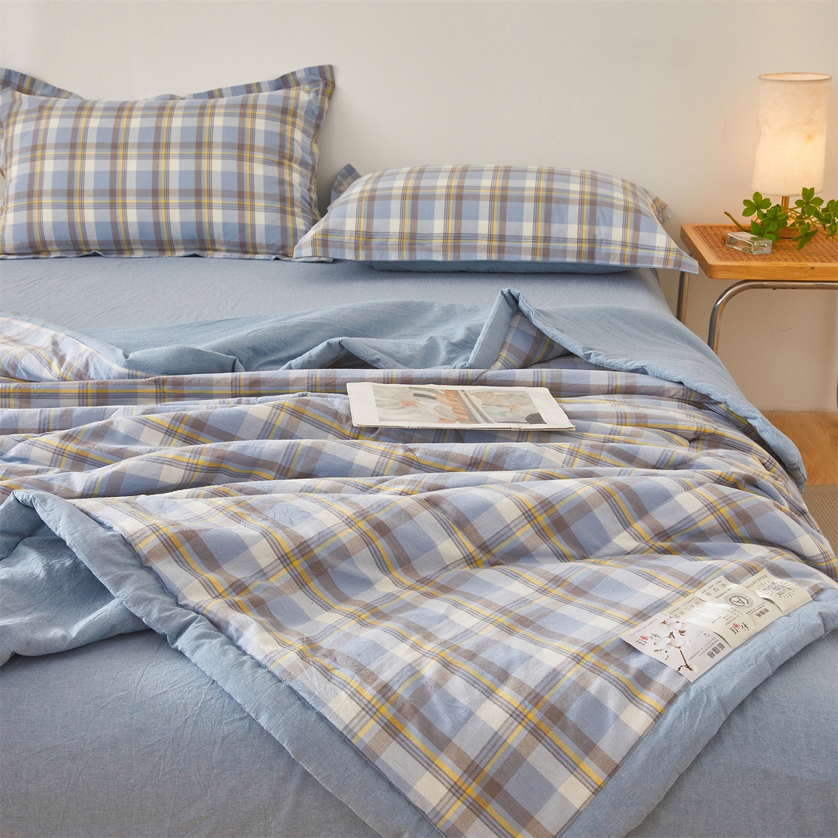 91家纺网 家纺一手货源 找家纺 西域种棉人·千百笠 2026新款A类里外全棉夏凉被100%新疆棉纯棉全棉填充无印格子款空调被夏被 里外全棉-印象 蓝格