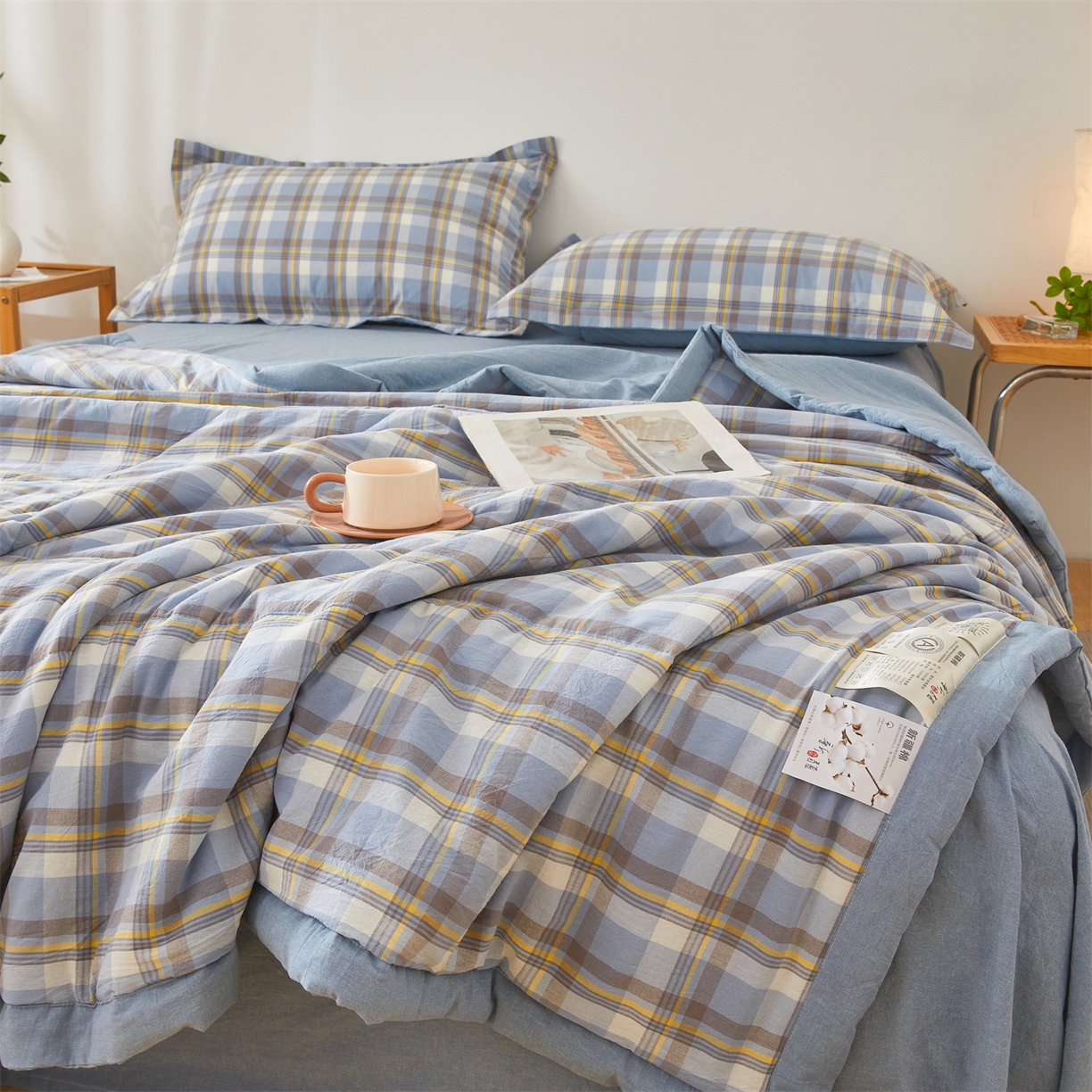 91家纺网 家纺一手货源 找家纺 西域种棉人·千百笠 2026新款A类里外全棉夏凉被100%新疆棉纯棉全棉填充无印格子款空调被夏被 里外全棉-印象 蓝格