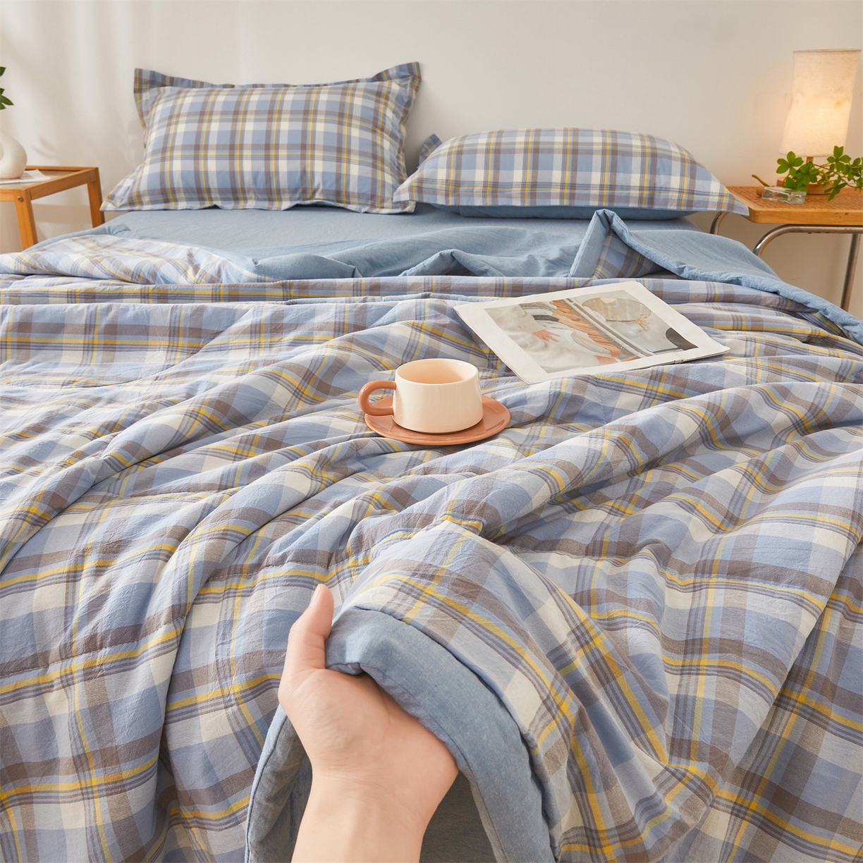 91家纺网 家纺一手货源 找家纺 西域种棉人·千百笠 2026新款A类里外全棉夏凉被100%新疆棉纯棉全棉填充无印格子款空调被夏被 里外全棉-印象 蓝格