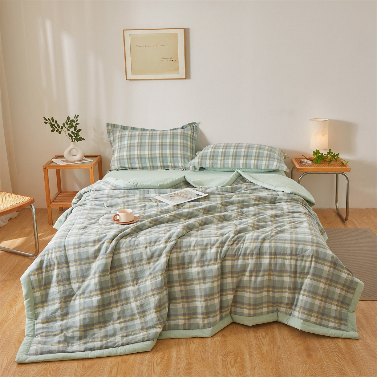 91家纺网 家纺一手货源 找家纺 西域种棉人·千百笠 2026新款A类里外全棉夏凉被100%新疆棉纯棉全棉填充无印格子款空调被夏被 里外全棉-印象 绿格