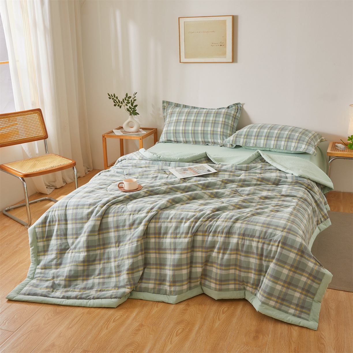 91家纺网 家纺一手货源 找家纺 西域种棉人·千百笠 2026新款A类里外全棉夏凉被100%新疆棉纯棉全棉填充无印格子款空调被夏被 里外全棉-印象 绿格