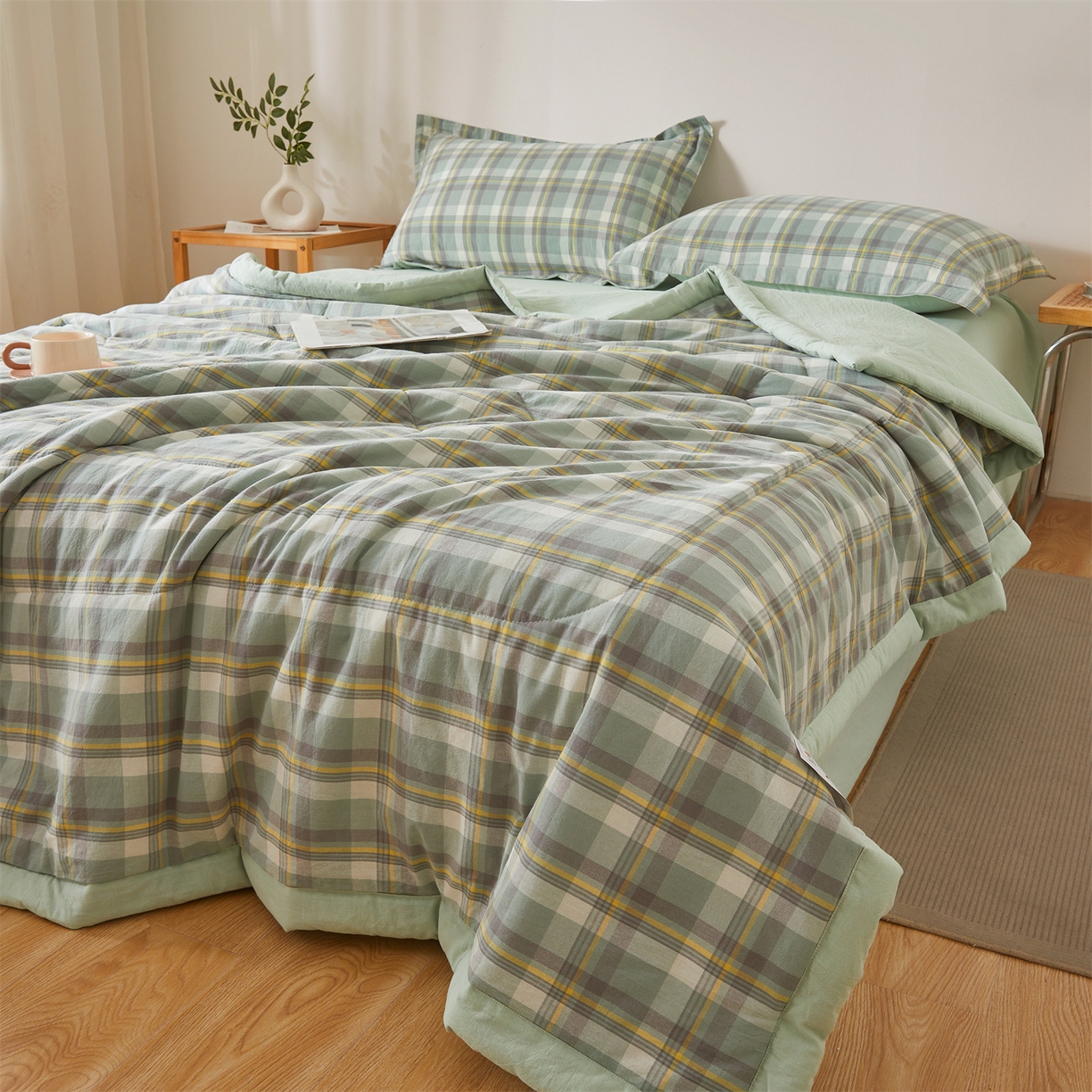 91家纺网 家纺一手货源 找家纺 西域种棉人·千百笠 2026新款A类里外全棉夏凉被100%新疆棉纯棉全棉填充无印格子款空调被夏被 里外全棉-印象 绿格