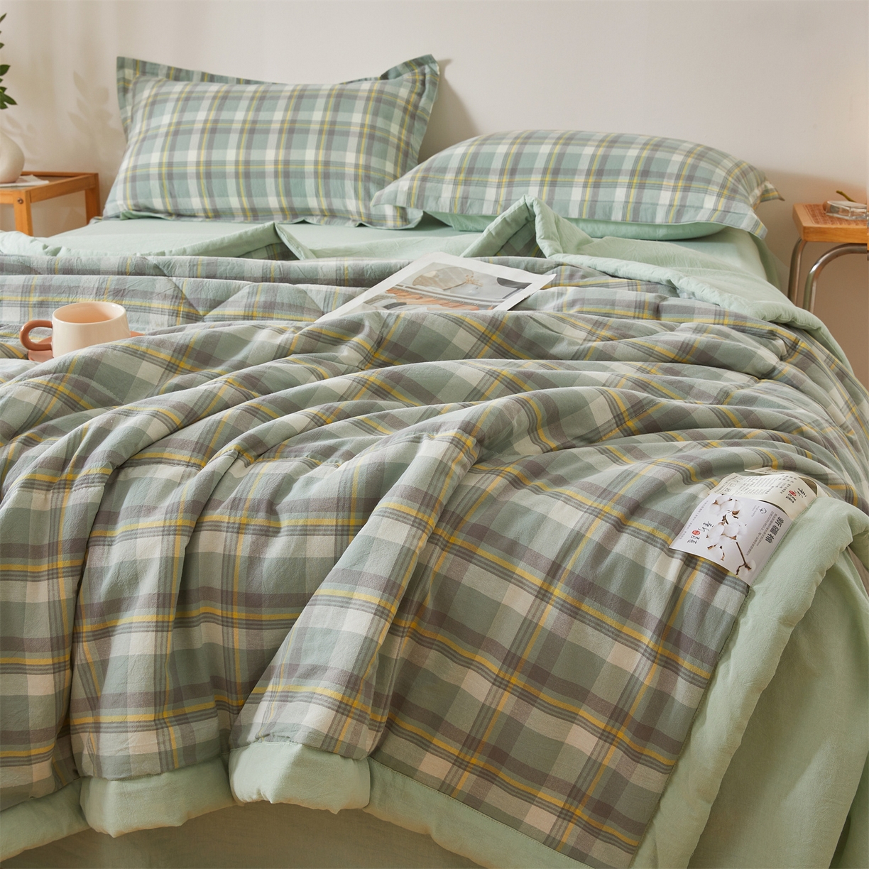 91家纺网 家纺一手货源 找家纺 西域种棉人·千百笠 2026新款A类里外全棉夏凉被100%新疆棉纯棉全棉填充无印格子款空调被夏被 里外全棉-印象 绿格