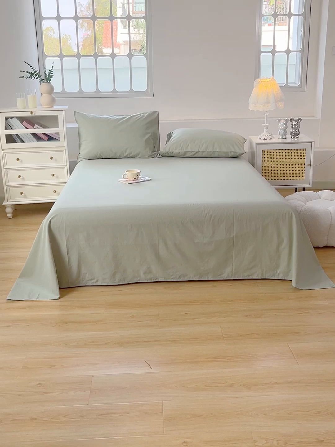 91家纺网 家纺一手货源 找家纺 柠萌家居 2026年新款全棉A类母婴级水洗棉纯棉床单纯色系列单品 薄荷绿