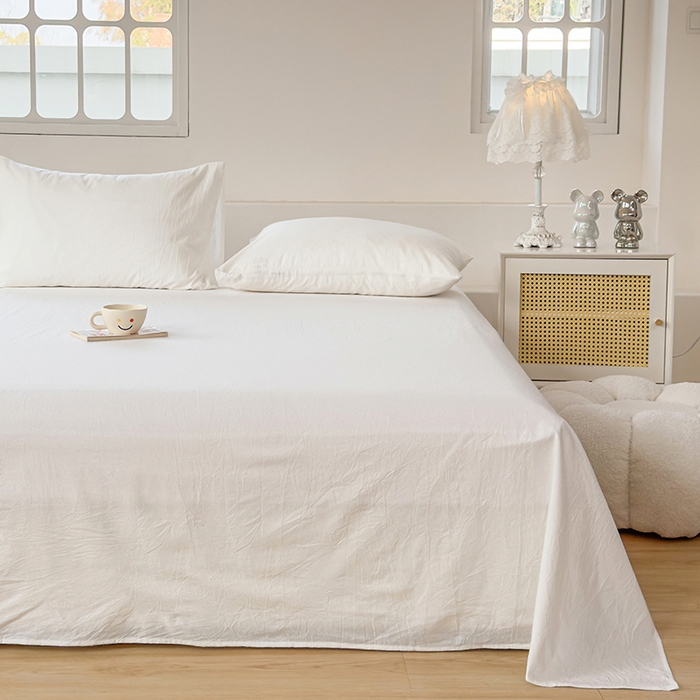 91家纺网 家纺一手货源 找家纺 柠萌家居 2026年新款全棉A类母婴级水洗棉纯棉床单纯色系列单品 本白