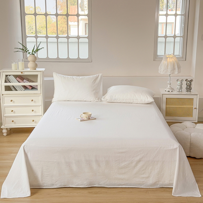 91家纺网 家纺一手货源 找家纺 柠萌家居 2026年新款全棉A类母婴级水洗棉纯棉床单纯色系列单品 本白