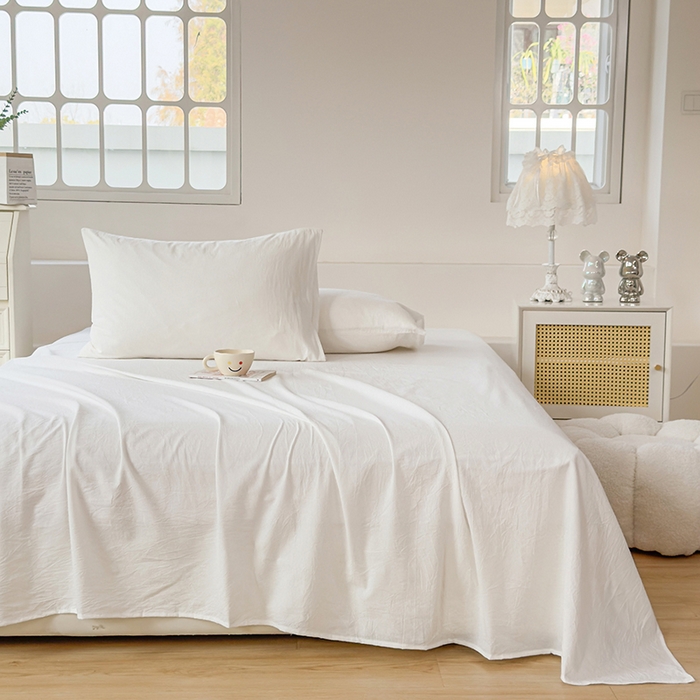 91家纺网 家纺一手货源 找家纺 柠萌家居 2026年新款全棉A类母婴级水洗棉纯棉床单纯色系列单品 本白