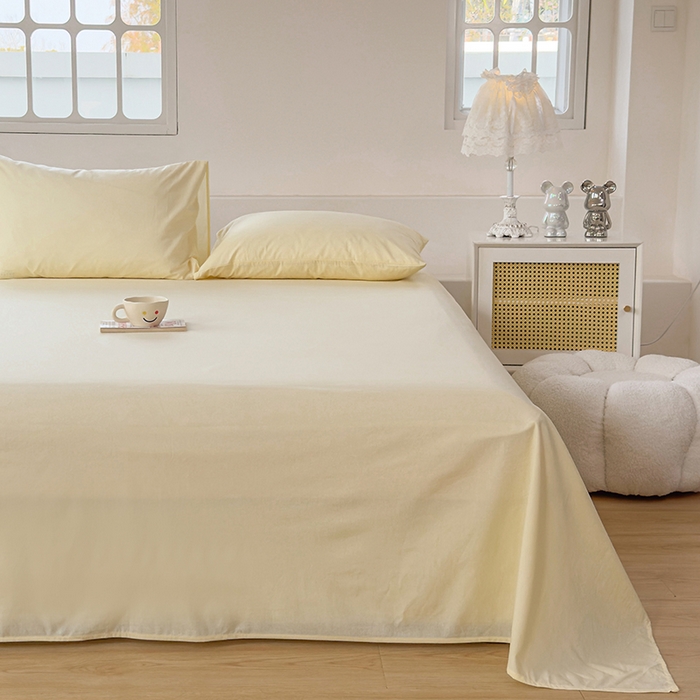 91家纺网 家纺一手货源 找家纺 柠萌家居 2026年新款全棉A类母婴级水洗棉纯棉床单纯色系列单品 奶黄