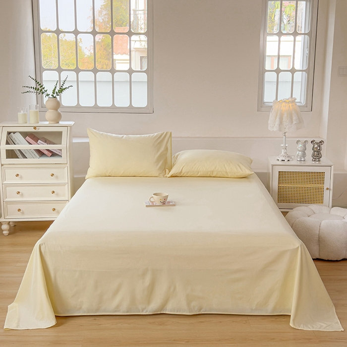 91家纺网 家纺一手货源 找家纺 柠萌家居 2026年新款全棉A类母婴级水洗棉纯棉床单纯色系列单品 奶黄