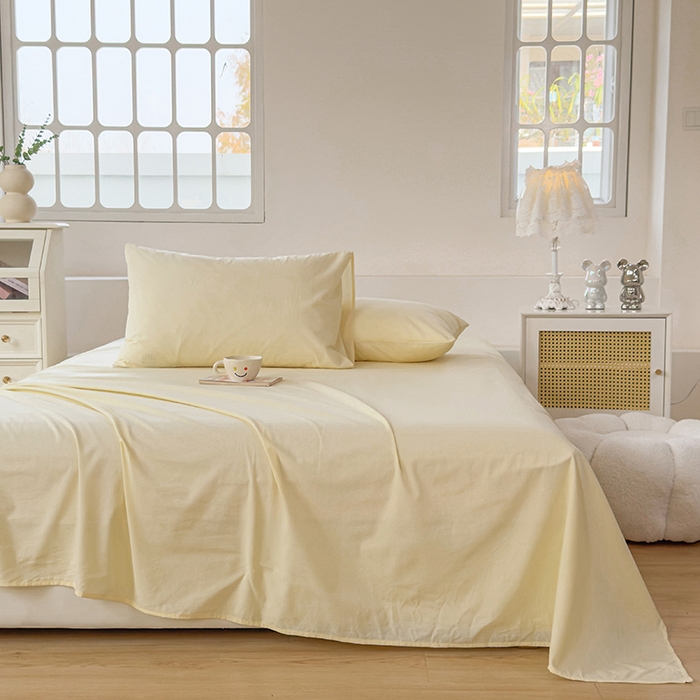 91家纺网 家纺一手货源 找家纺 柠萌家居 2026年新款全棉A类母婴级水洗棉纯棉床单纯色系列单品 奶黄