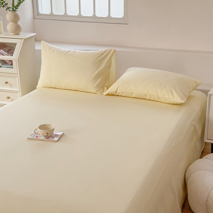 91家纺网 家纺一手货源 找家纺 柠萌家居 2026年新款全棉A类母婴级水洗棉纯棉床单纯色系列单品 奶黄