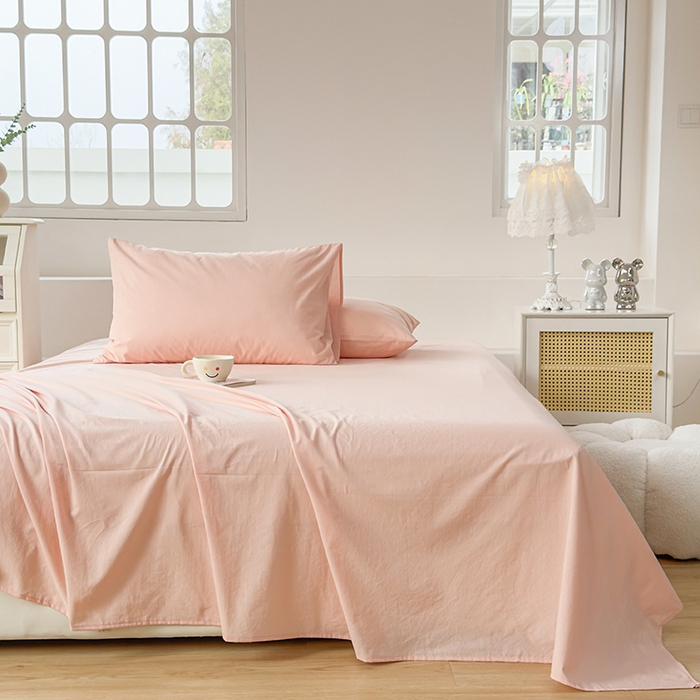 91家纺网 家纺一手货源 找家纺 柠萌家居 2026年新款全棉A类母婴级水洗棉纯棉床单纯色系列单品 浅粉