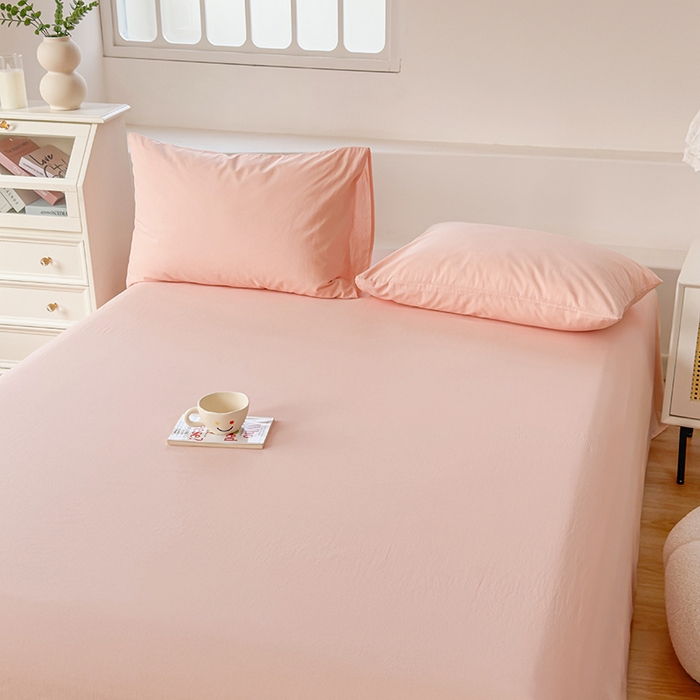 91家纺网 家纺一手货源 找家纺 柠萌家居 2026年新款全棉A类母婴级水洗棉纯棉床单纯色系列单品 浅粉