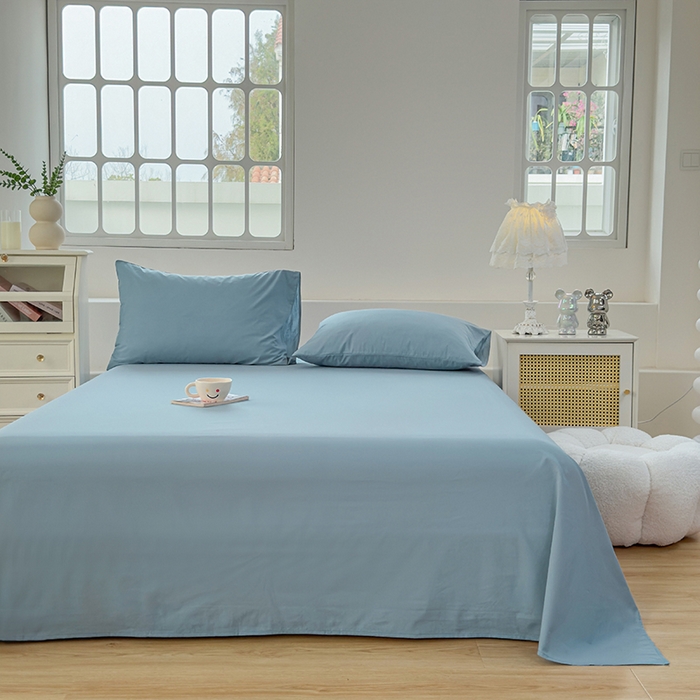 91家纺网 家纺一手货源 找家纺 柠萌家居 2026年新款全棉A类母婴级水洗棉纯棉床单纯色系列单品 浅蓝