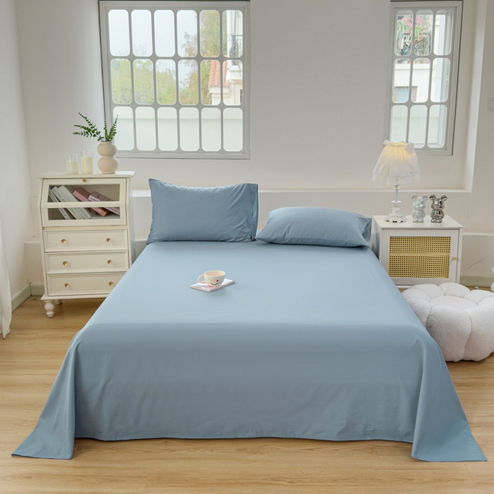 91家纺网 家纺一手货源 找家纺 柠萌家居 2026年新款全棉A类母婴级水洗棉纯棉床单纯色系列单品 浅蓝