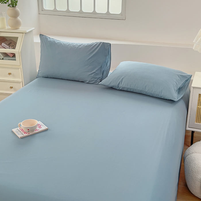 91家纺网 家纺一手货源 找家纺 柠萌家居 2026年新款全棉A类母婴级水洗棉纯棉床单纯色系列单品 浅蓝