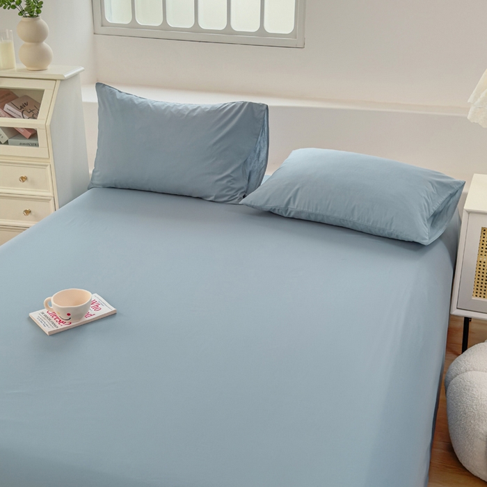 91家纺网 家纺一手货源 找家纺 柠萌家居 2026年新款全棉A类母婴级水洗棉纯棉床单纯色系列单品 浅蓝