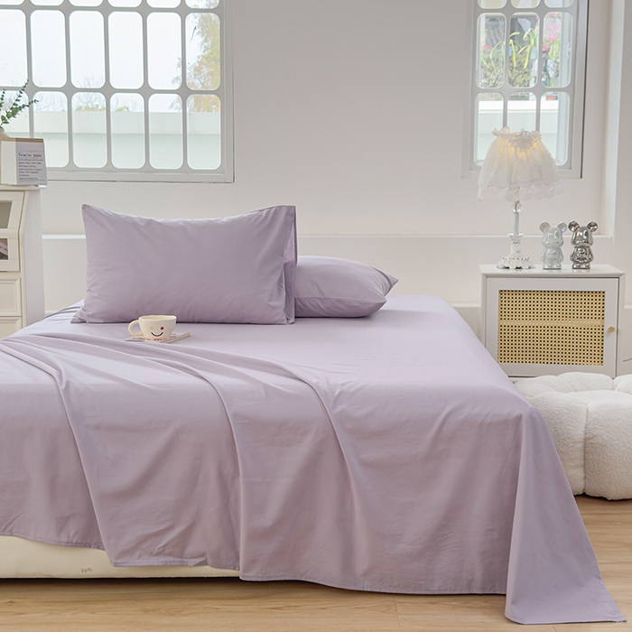 91家纺网 家纺一手货源 找家纺 柠萌家居 2026年新款全棉A类母婴级水洗棉纯棉床单纯色系列单品 浅紫