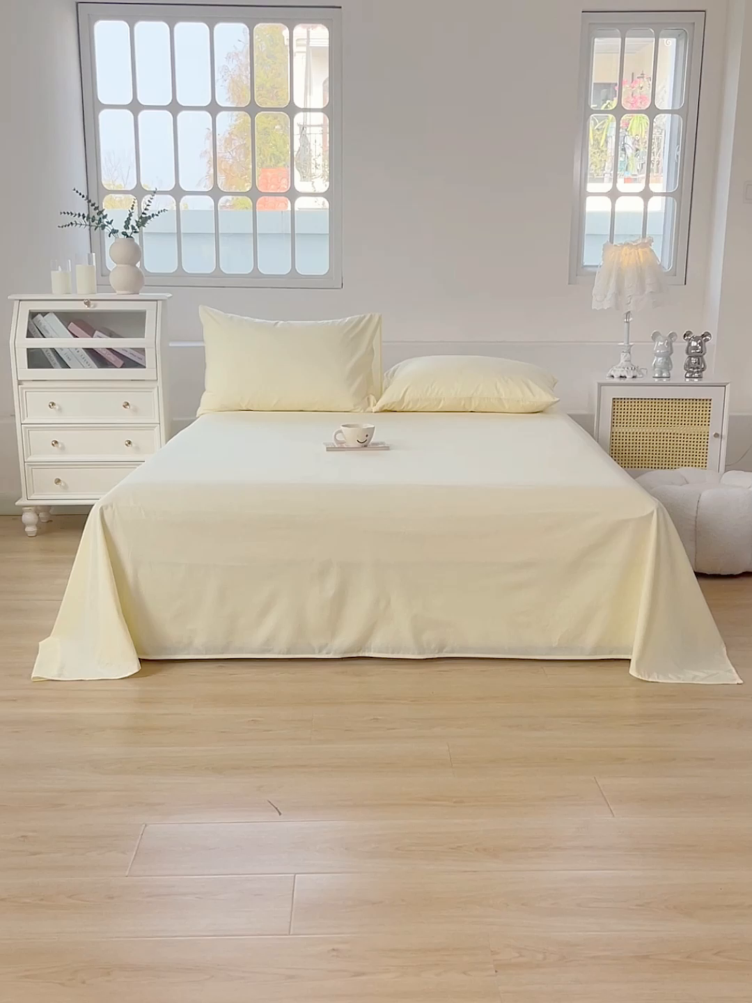 91家纺网 家纺一手货源 找家纺 柠萌家居 2026年新款全棉A类母婴级水洗棉纯棉床单纯色系列单品 奶黄