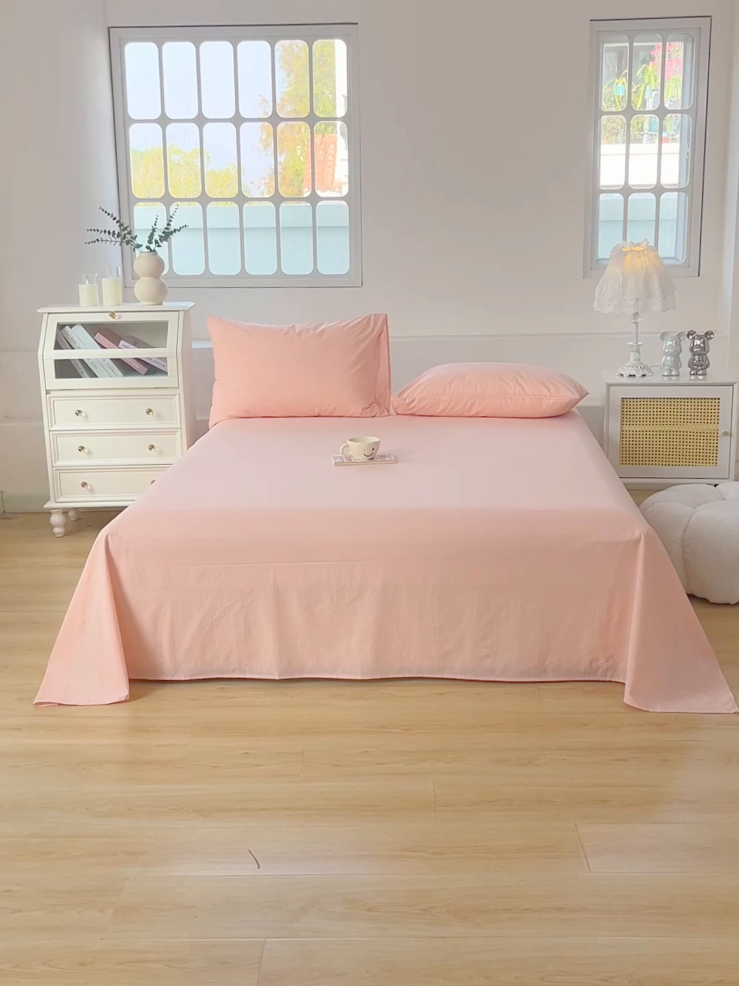 91家纺网 家纺一手货源 找家纺 柠萌家居 2026年新款全棉A类母婴级水洗棉纯棉床单纯色系列单品 浅粉