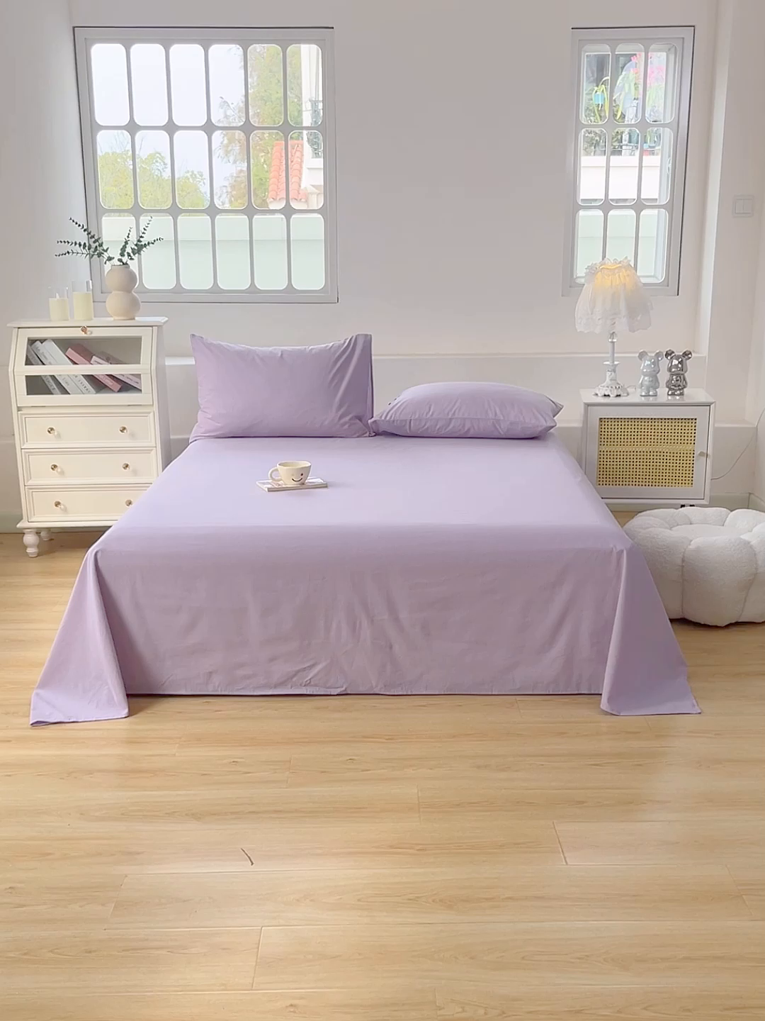 91家纺网 家纺一手货源 找家纺 柠萌家居 2026年新款全棉A类母婴级水洗棉纯棉床单纯色系列单品 浅紫