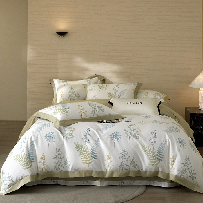 薏思家纺 2026年13376新疆铂金棉飞边工艺印花四件套 春颜绿