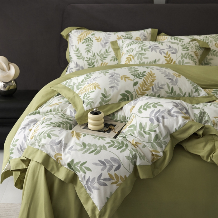 91家纺网 家纺一手货源 找家纺 薏思家纺 2026年13376新疆铂金棉飞边工艺印花四件套 芳悠-绿