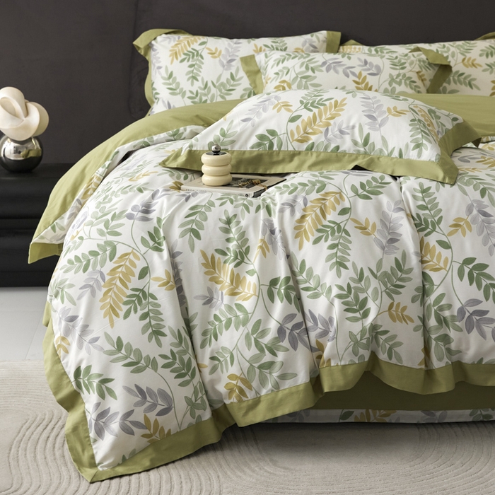 91家纺网 家纺一手货源 找家纺 薏思家纺 2026年13376新疆铂金棉飞边工艺印花四件套 芳悠-绿