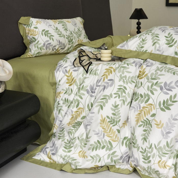 91家纺网 家纺一手货源 找家纺 薏思家纺 2026年13376新疆铂金棉飞边工艺印花四件套 芳悠-绿