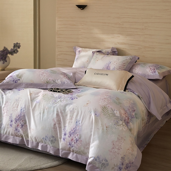 91家纺网 家纺一手货源 找家纺 薏思家纺 2026年13376新疆铂金棉飞边工艺印花四件套 风铃子