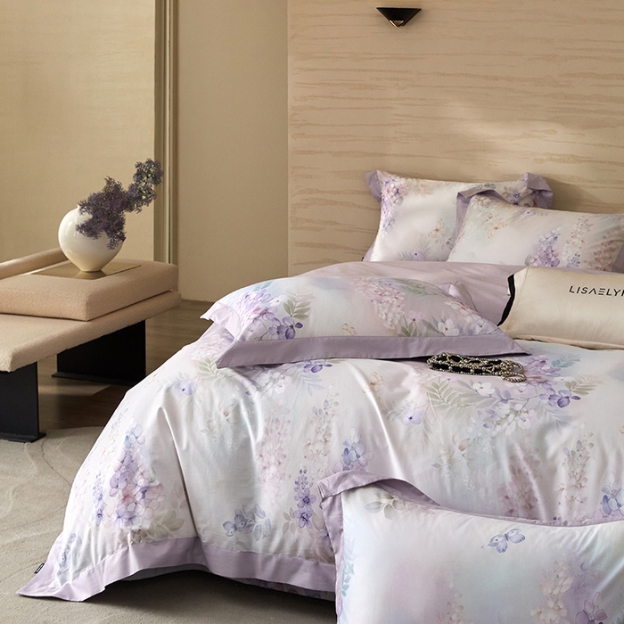 91家纺网 家纺一手货源 找家纺 薏思家纺 2026年13376新疆铂金棉飞边工艺印花四件套 风铃子