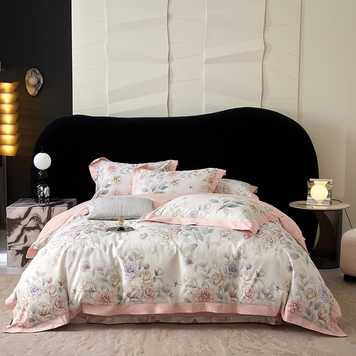 薏思家纺 2026年13376新疆铂金棉飞边工艺印花四件套 花圃