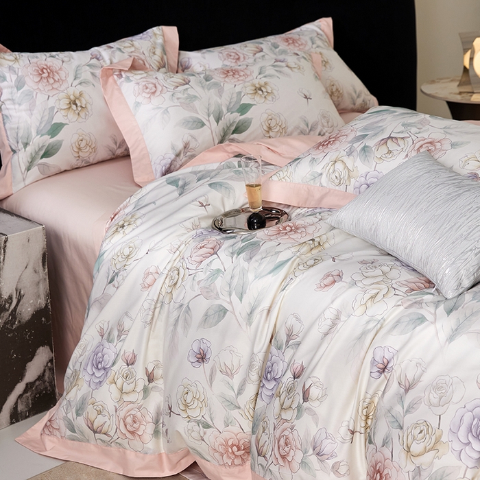 91家纺网 家纺一手货源 找家纺 薏思家纺 2026年13376新疆铂金棉飞边工艺印花四件套 花圃