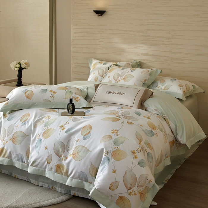 91家纺网 家纺一手货源 找家纺 薏思家纺 2026年13376新疆铂金棉飞边工艺印花四件套 佳昕黄