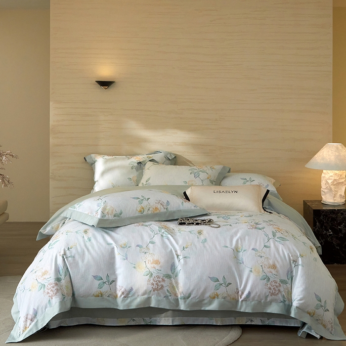 薏思家纺 2026年13376新疆铂金棉飞边工艺印花四件套 青黛