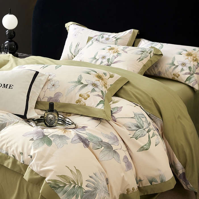 91家纺网 家纺一手货源 找家纺 薏思家纺 2026年13376新疆铂金棉飞边工艺印花四件套 如梦绿