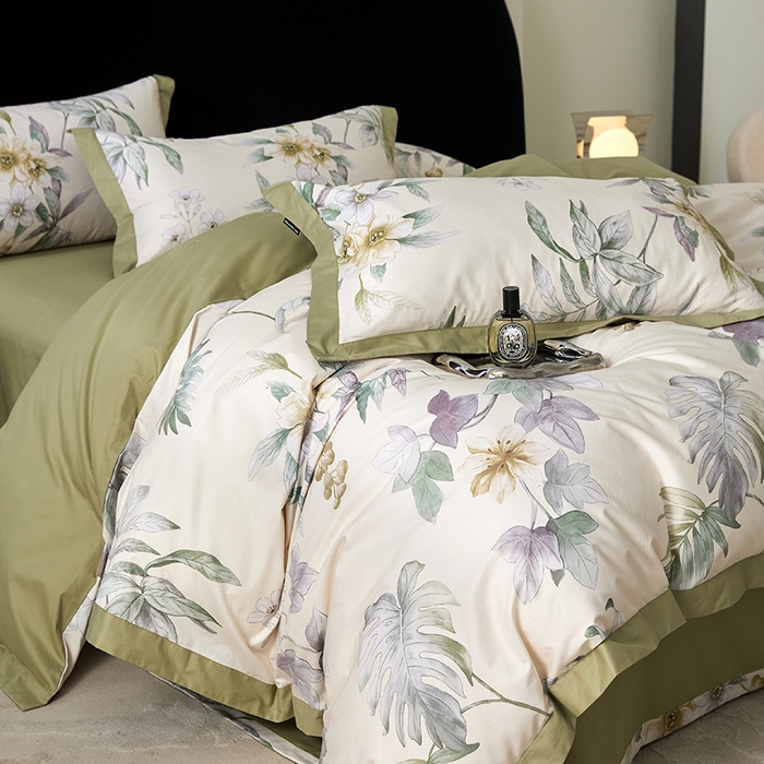 91家纺网 家纺一手货源 找家纺 薏思家纺 2026年13376新疆铂金棉飞边工艺印花四件套 如梦绿